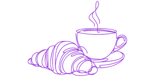 A line drawing of a cup of hot coffee next to a croissant to symbolize breakfast