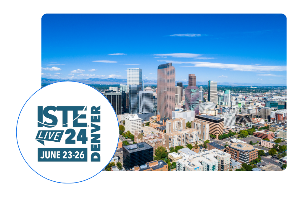 A view of the city of Denver during the daytime with the ISTE Live 24 logo.
