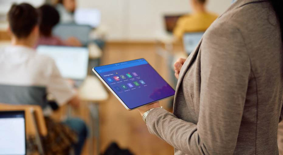 Teacher holding a panel