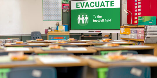 Classroom emergency evacuation alert displayed on a screen, instructing students to evacuate to the football field, with student desks and educational materials in the foreground.