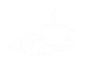 Line drawing of a cup of hot coffee on a saucer with a croissant