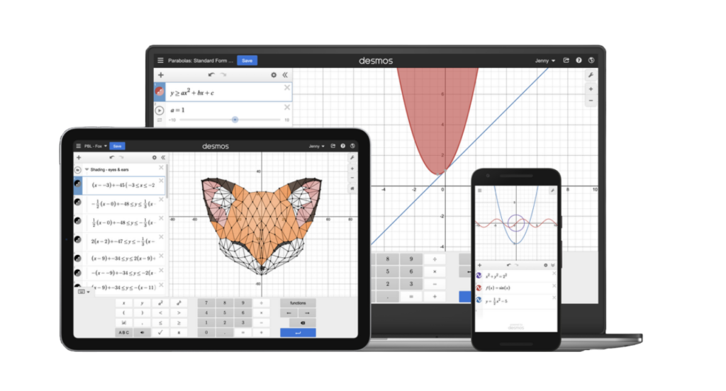 Desmos calculator is displayed on various devices