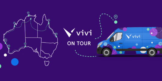 a blue van with a map of Australia and Vivi logo