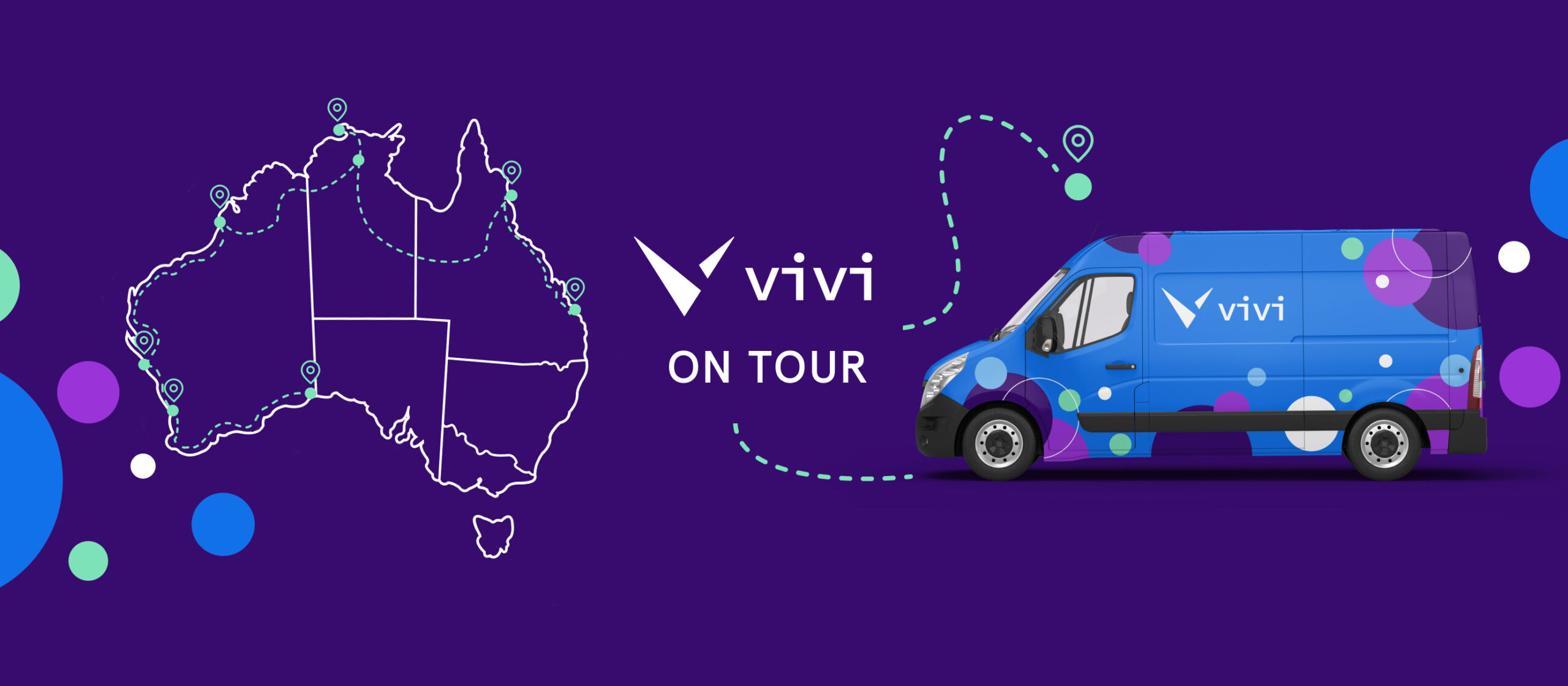 a blue van with a map of Australia and Vivi logo